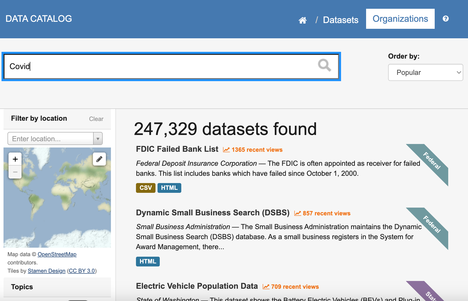 Data.gov catalog search by keywords